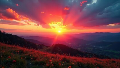 Breathtaking sunset over rolling hills, vibrant colors , background, photo