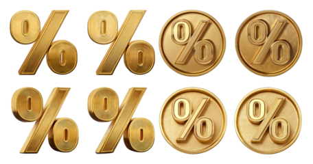 Golden Percent Symbols and Coins Isolated on White Background, isolated on transparent background