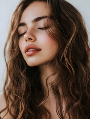 Naklejka premium Beautiful Young Woman with Wavy Brown Hair and Serene Expression Close Up Portrait : Generative AI