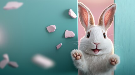 Fototapeta premium Cartoon rabbit is looking out of a door. The rabbit is smiling and he is happy