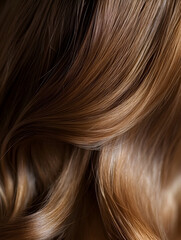 Fototapeta premium Luxurious closeup of shiny brown hair with soft wavy texture for beauty and care : Generative AI