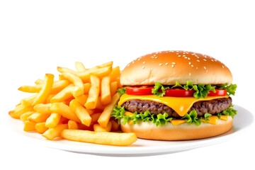 Hamburger with fries on a white background, featuring cheese, beef, lettuce, tomato, and sesame bun