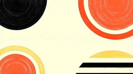 Bold abstract circles playfully arranged in vibrant orange black yellow create a joyful mid century modern aesthetic. AI Generated