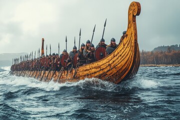 Viking longship navigates stormy waters with crew in historical reenactment