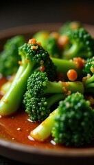 Close-up of glistening ginger sauce coating tender Chinese broccoli, plate, culinary, close up