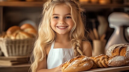 Young girl is smiling and holding a tray of bread. Concept of warmth and happiness, as the girl appears to be enjoying her time in the bakery