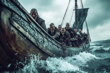 Vikings navigate rough seas on a traditional longship during a stormy day