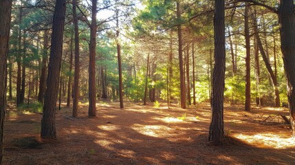 Sunlight filtering through pine forest, peaceful nature scene, possible use as stock photo