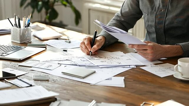 Organizing a messy desk full of papers and office supplies