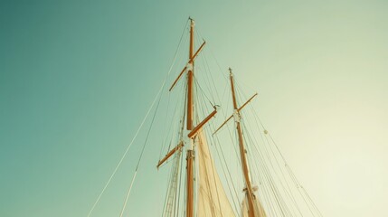 Tall ship masts against clear blue sky with sunlight