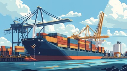 Naklejka premium A large cargo ship loaded with shipping containers in a busy port with cranes