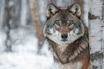 Fototapeta premium The Enigmatic Gaze: A Wolf's Winter Portrait in the Birch - Laden Forest