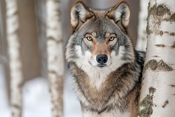 Fototapeta premium The Enigmatic Gaze: A Wolf's Winter Portrait in the Birch - Laden Forest