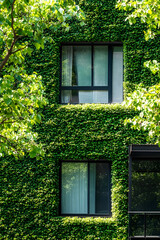 Modern Eco-Friendly Building Facade with Lush Green Ivy and Large Windows : Generative AI