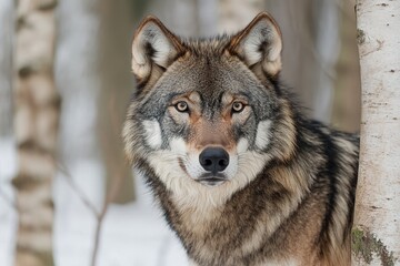 Fototapeta premium The Enigmatic Gaze: A Wolf's Winter Portrait in the Birch - Laden Forest