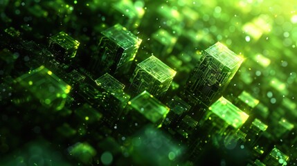 Abstract digital city of glowing green cubes