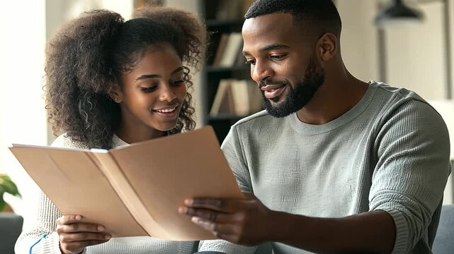 Parent and teenager learning together from driver's manual at home