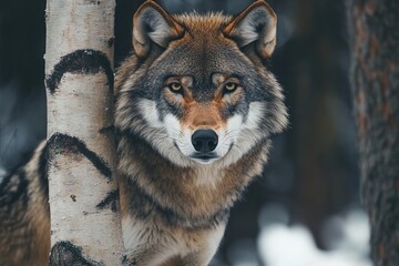 Fototapeta premium The Enigmatic Gaze: A Wolf's Winter Portrait in the Birch - Laden Forest