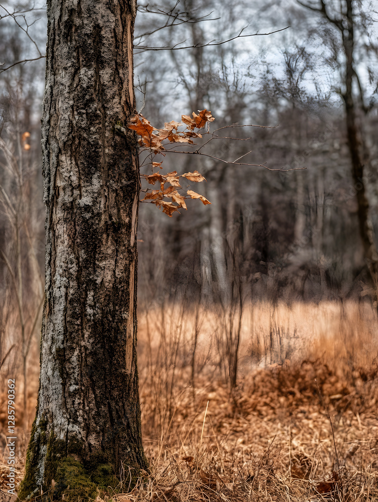 Poster serene forest scene with lonely tree featuring autumn leaves and textured bark in natural wilderness