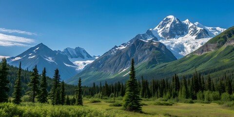 Majestic Mountain Landscape with Pine Trees and Blue Sky