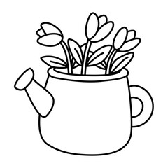 Watering can with flowers doodle outline