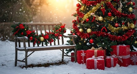 Festive Outdoor Christmas Scene with Decorated Tree and Presents
