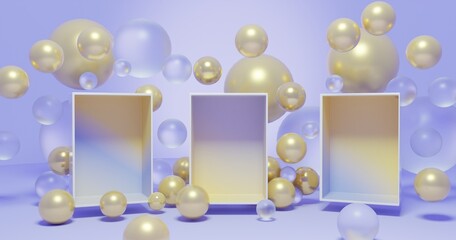 Fun and colorful 3d rectangular open box mock up template design with floating colorful gold and plastic balloons in pink and blue interior studio. Cute product showcase scene. 