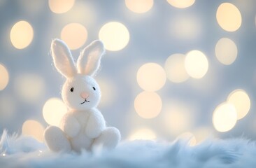 Obraz premium Soft White Plush Rabbit Sitting on Snowy Bokeh Background