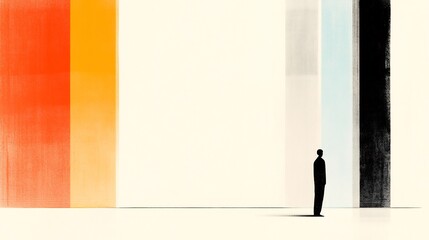 Obraz premium Silhouette contemplates vibrant color-blocked wall; minimalist design evokes pensive mood. AI Generated