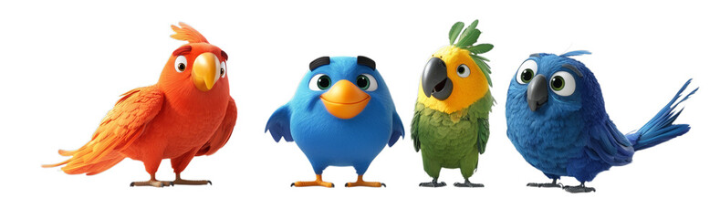 Colorful cartoon parrots in various outfits and expressions