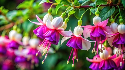 Fuchsia, white, pink, and purple flowers in a delicate arrangement.