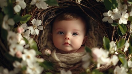 Newborn baby in a nest with white flower branches around, soft lighting and warm colors
