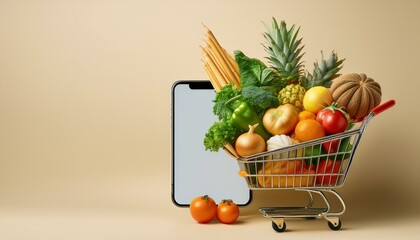 Phone and shopping cart and fresh products, light beige background