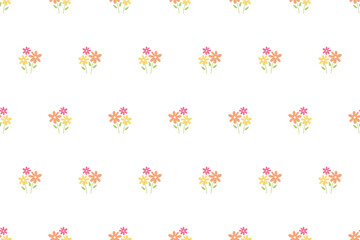 Seamless floral print. Tiny bouquets of daisies on white background. Blooming, colorful abstract flowers. Liberty print for clothing, textile, kids, women, wrapping, covers, surfaces.