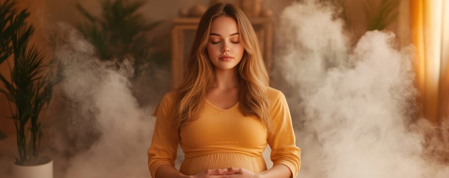 Discover the serenity of prenatal wellness with this image of a Pregnant woman practicing gentle yoga in a bright home studio Focus on breathing techniques and gentle movements designed to enhance