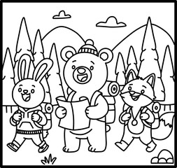 Cute Animal Adventurers, Forest Exploration Coloring Page
