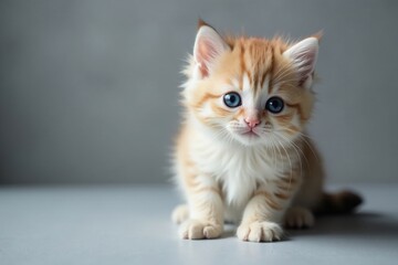 Fototapeta premium Fluffy kitten, bright blue eyes, grey textured background, playful, grey texture