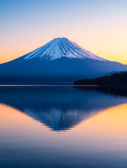 Serene view of Mount Fuji reflected in calm lake during vibrant sunset : Generative AI
