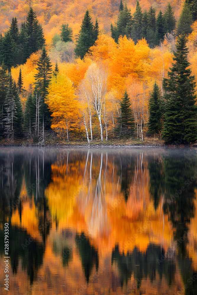 Poster autumn foliage reflection on serene lake with vibrant fall colors and forest trees : generative ai