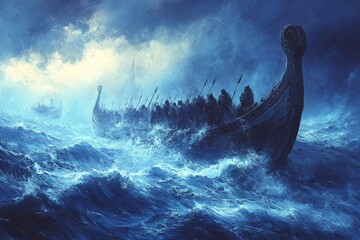 Viking longships navigate through stormy seas under dramatic skies during ancient maritime exploration