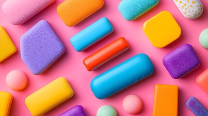 Vibrant array of abstract geometric shapes, colorful arrangement of sponges and pastel confectionery, a studio shot.