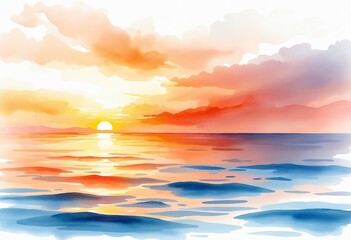 Fototapeta premium Tranquil Ocean Sunset in Watercolor: A Harmonious Blend of Warm Colors Over Calm Waters