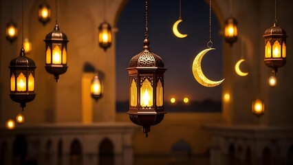 Obraz premium Ramadhan ornament with moon and yellow light