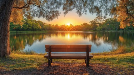 Obraz premium Empty park bench lake sunset