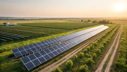 Aerial View of Solar Panel Array in Green Field at Sunrise
