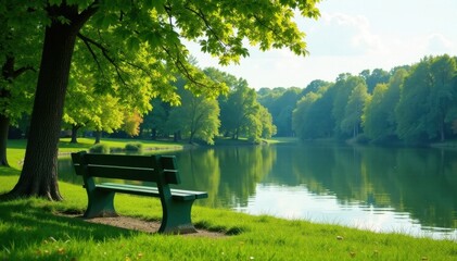 Green park bench overlooks tranquil lake; vibrant summer foliage , clouds, environment