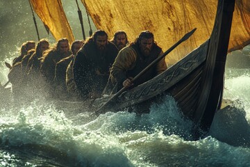 Men navigating a traditional boat through turbulent waters with sails catching the wind in a misty atmosphere