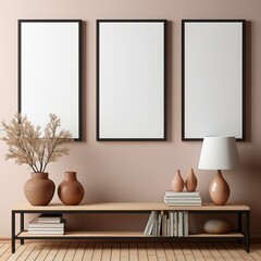 Three mock up posters frame on wall in modern interior background, living room. Books vase lamp on cabinet. Scandinavian style. 3D rendering.