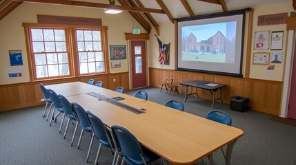 Meeting room with projector, winter windows, and wood paneling