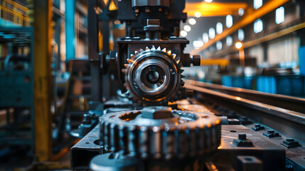Fototapeta premium Close-up of industrial machinery with gears in a factory setting, showcasing precision engineering